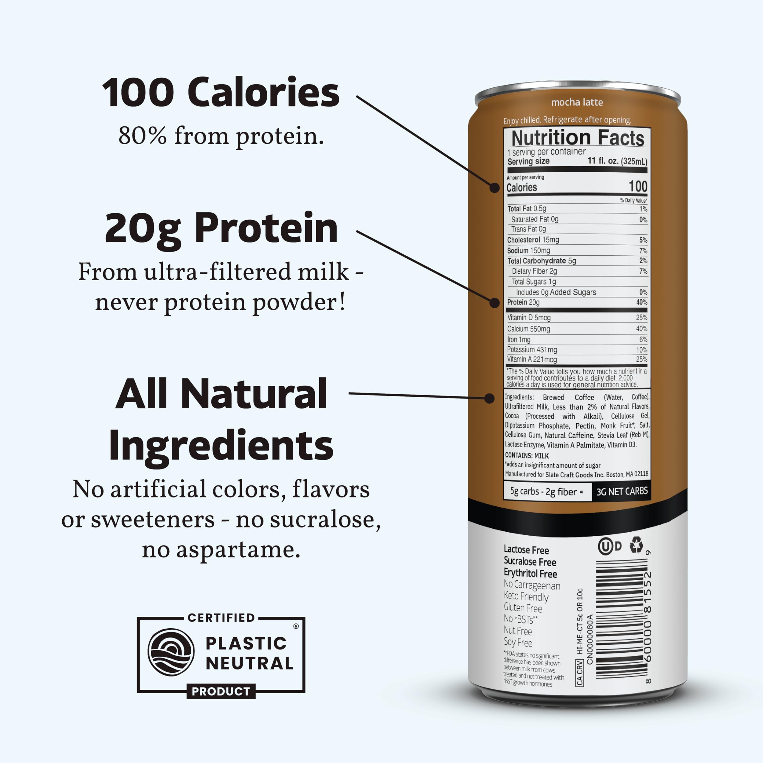 Slate Milk iced coffee featuring 20g protein for energy
