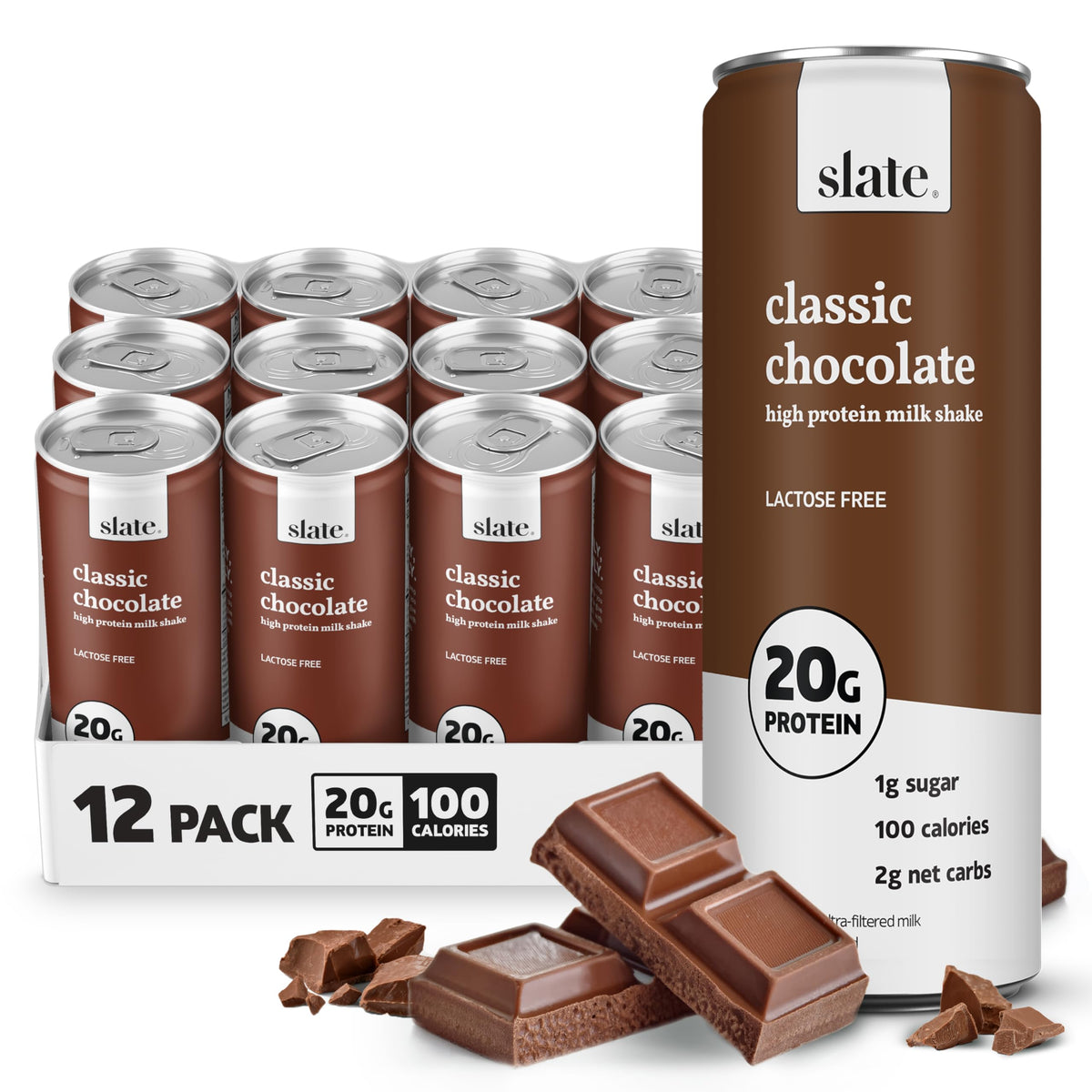 Slate Milk Classic Chocolate can highlights lactose-free protein boost for a quick snack.