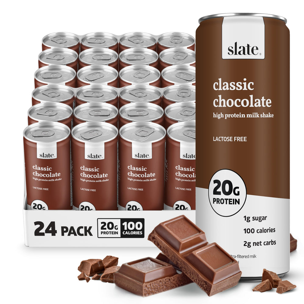 Slate Milk Classic Chocolate can, lactose-free and high protein for quick meals.