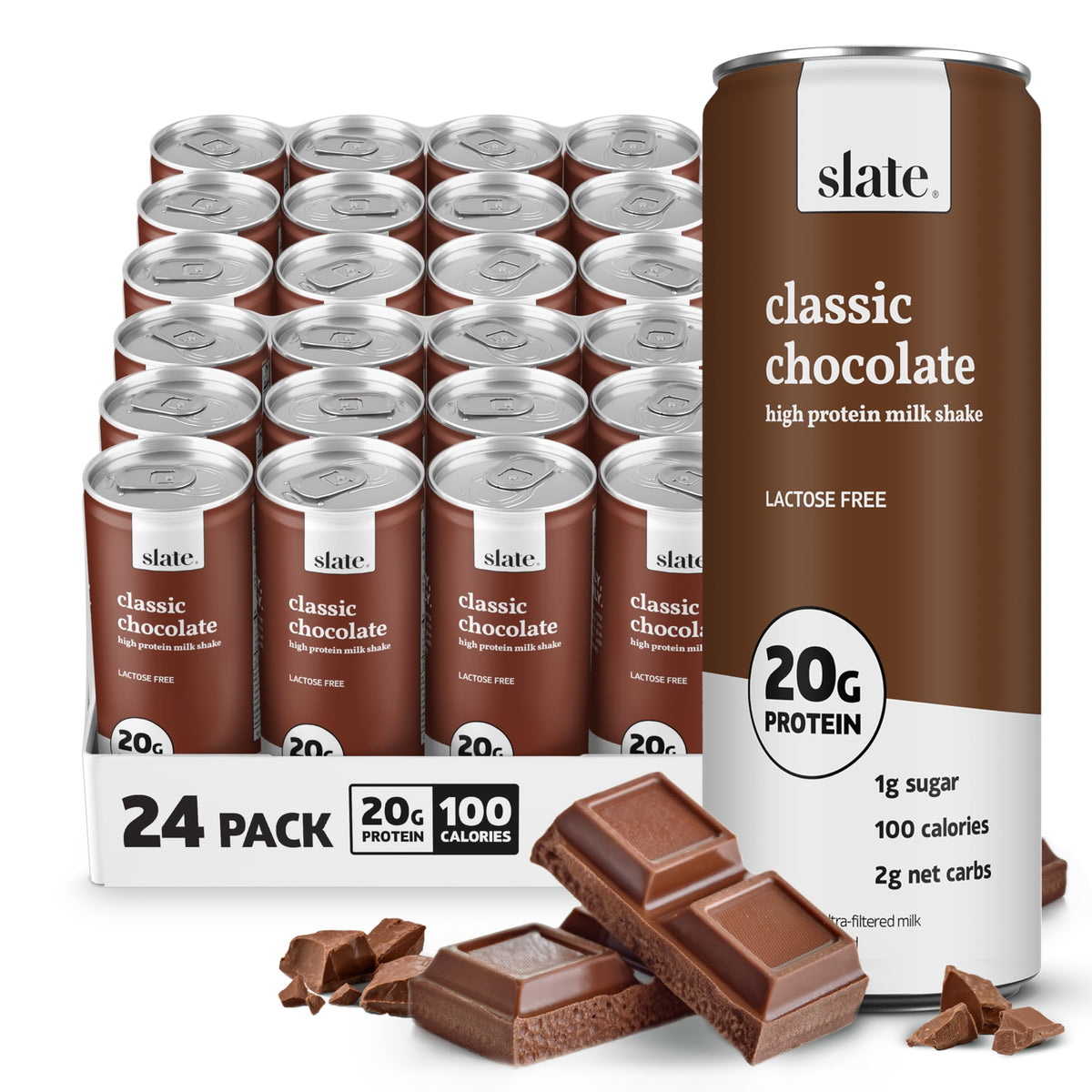Slate Milk Classic Chocolate can, lactose-free and high protein for quick meals.