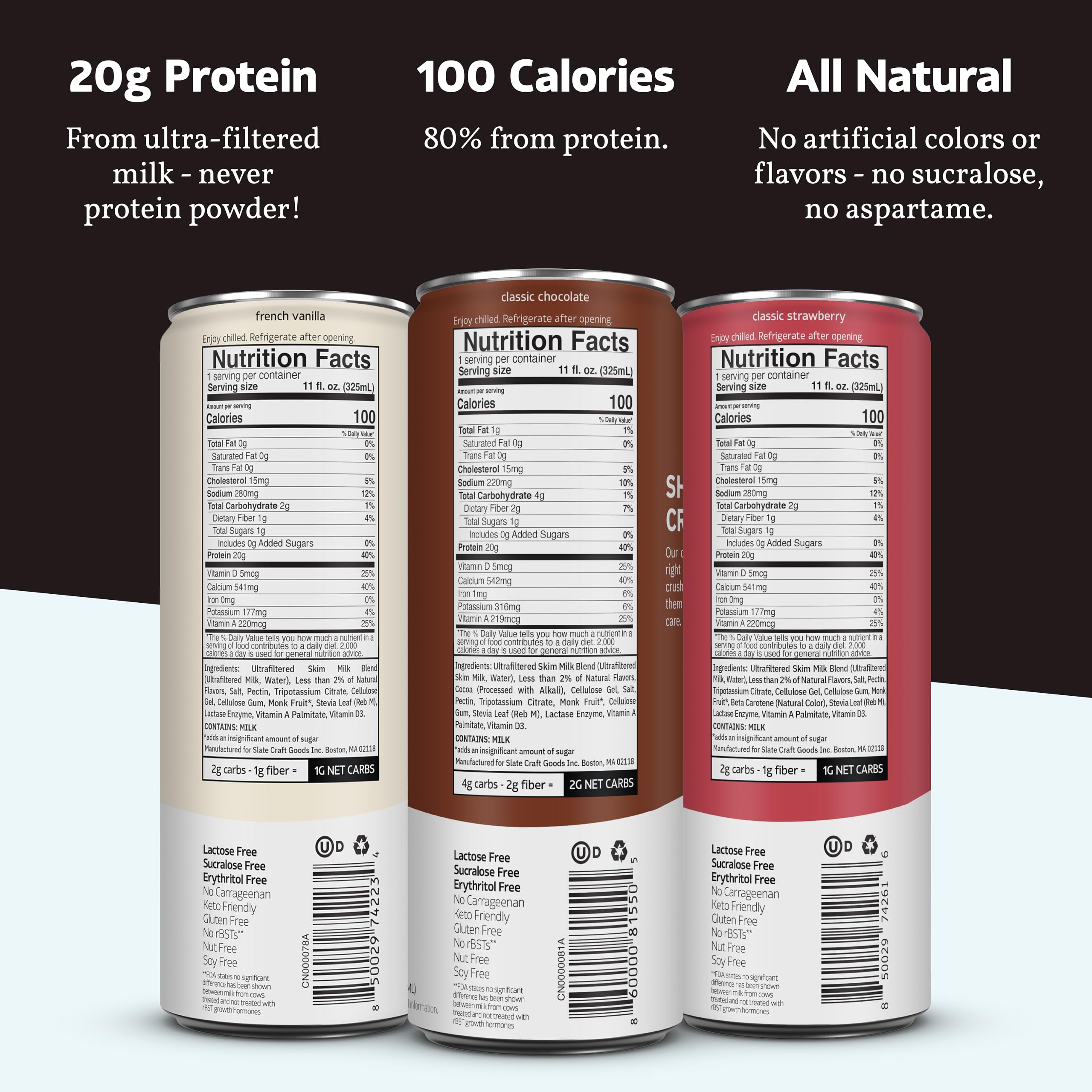 Slate Milk classic chocolate can shows creamy, high-protein nutrition in one shake.