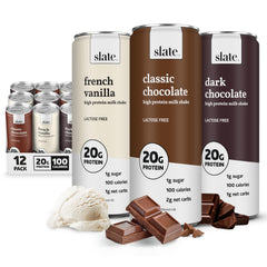 Slate Milk Core Variety Pack Classic Chocolate front view, lactose-free 20g protein per can for quick nourishment.