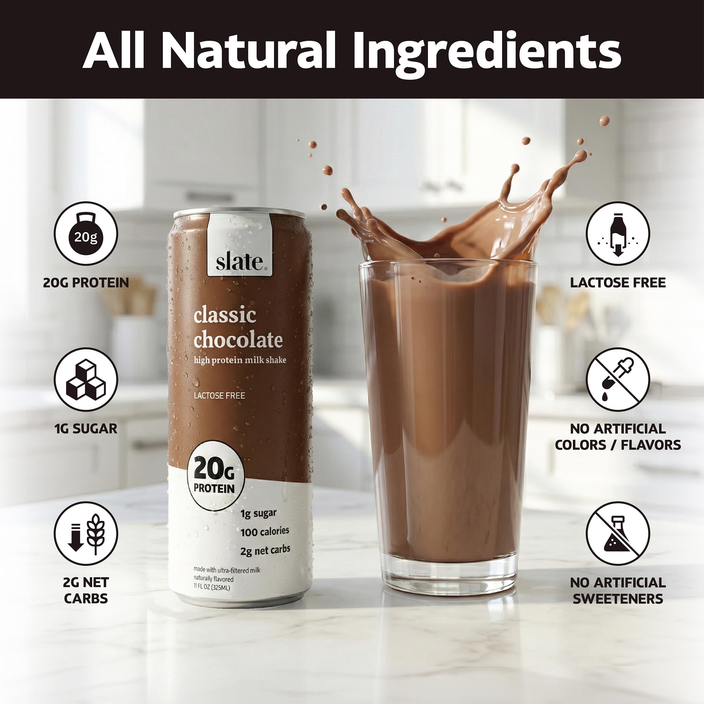 Slate Milk Core Variety Pack French Vanilla front shot emphasizes smooth texture and 20g protein boost.
