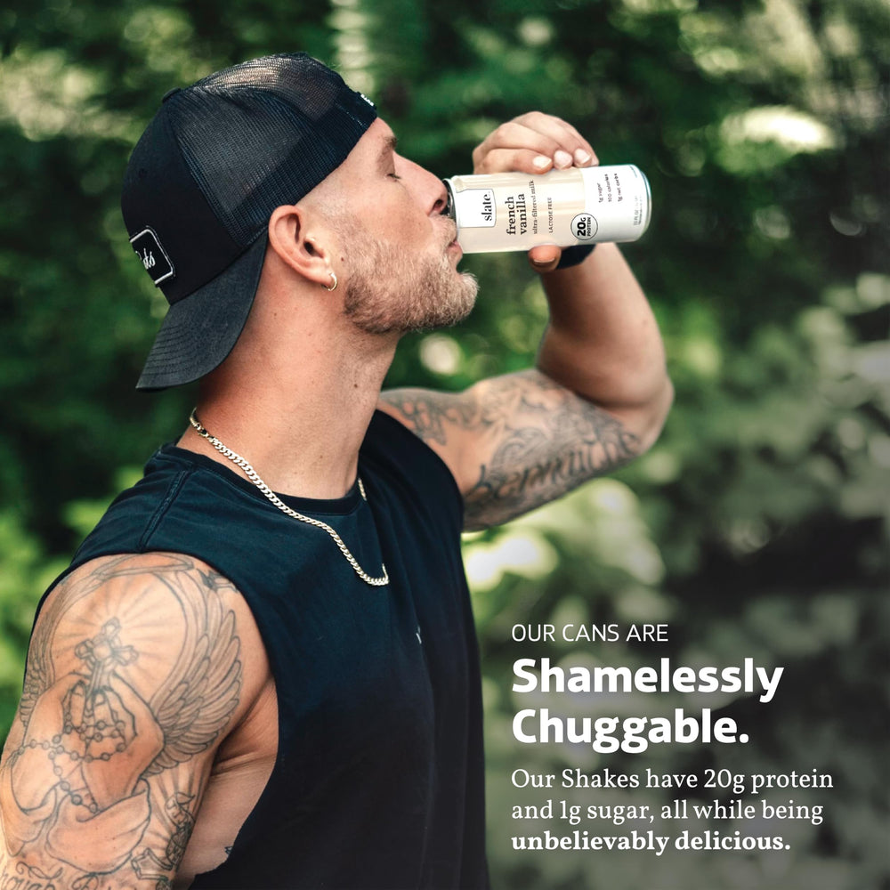 Slate Milk Core Variety Pack nutrition info close-up communicates 100 calories and 1-2g net carbs.