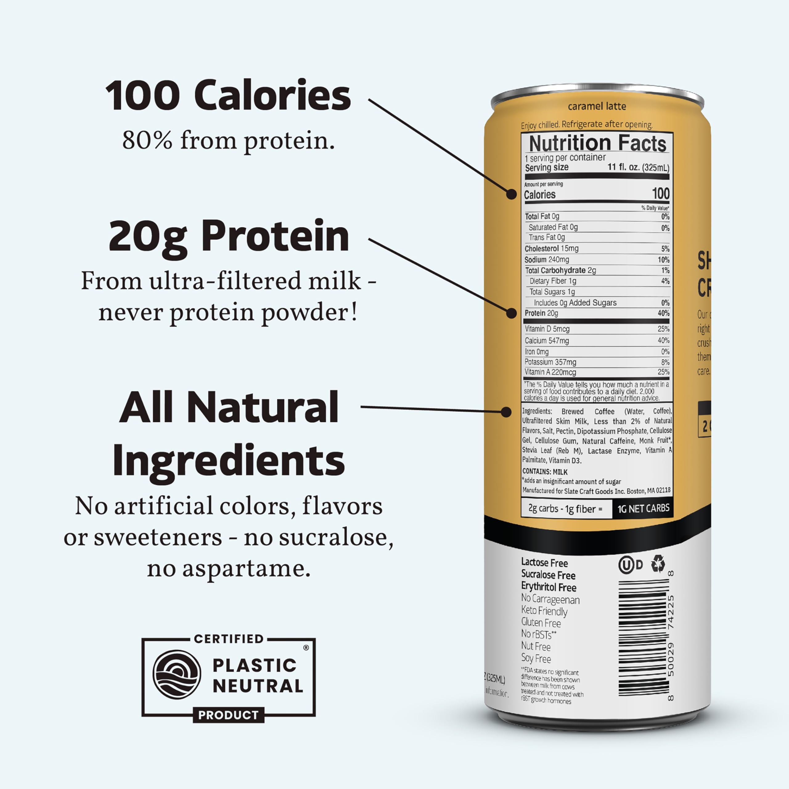 Slate Milk creamy caramel latte bottle closeup highlights smooth flavor and protein.
