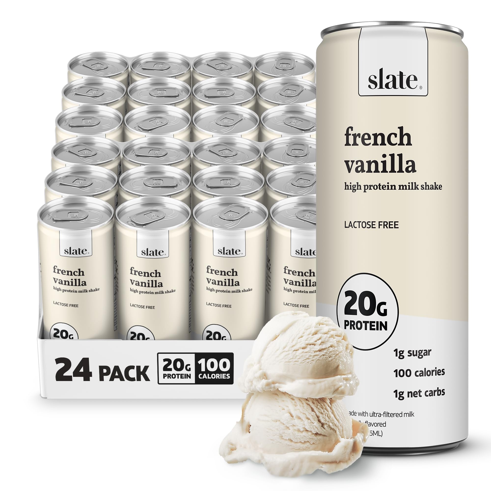 Slate Milk French Vanilla bottle pour highlighting lactose-free, 20g protein for breakfast.