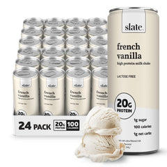 Slate Milk French Vanilla bottle pour highlighting lactose-free, 20g protein for breakfast.