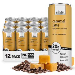 Slate Milk high-protein iced coffee caramel latte can boosts energy on the go.