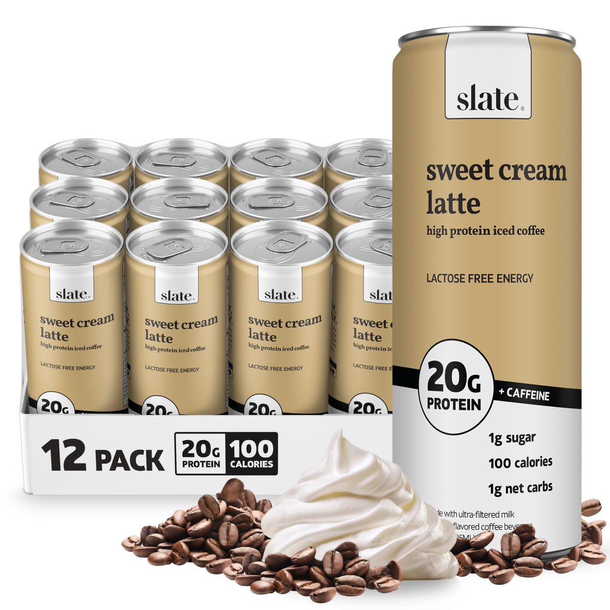 Slate Milk high-protein iced coffee can with sweet cream latte, ready to energize your day.
