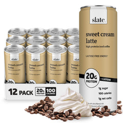 Slate Milk high-protein iced coffee can with sweet cream latte, ready to energize your day.