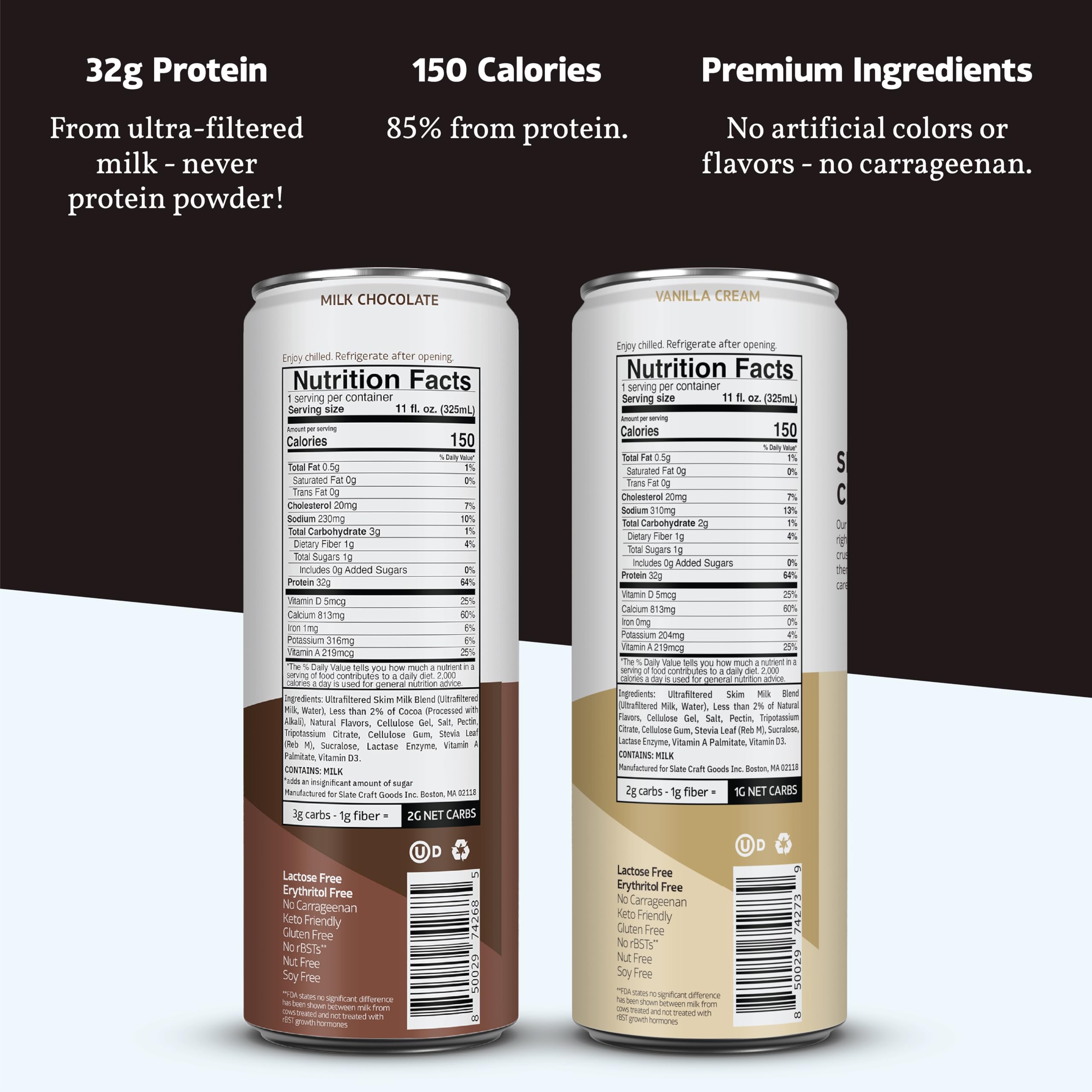 Slate Milk milk-chocolate can highlights creamy taste with 32g protein and low sugar.