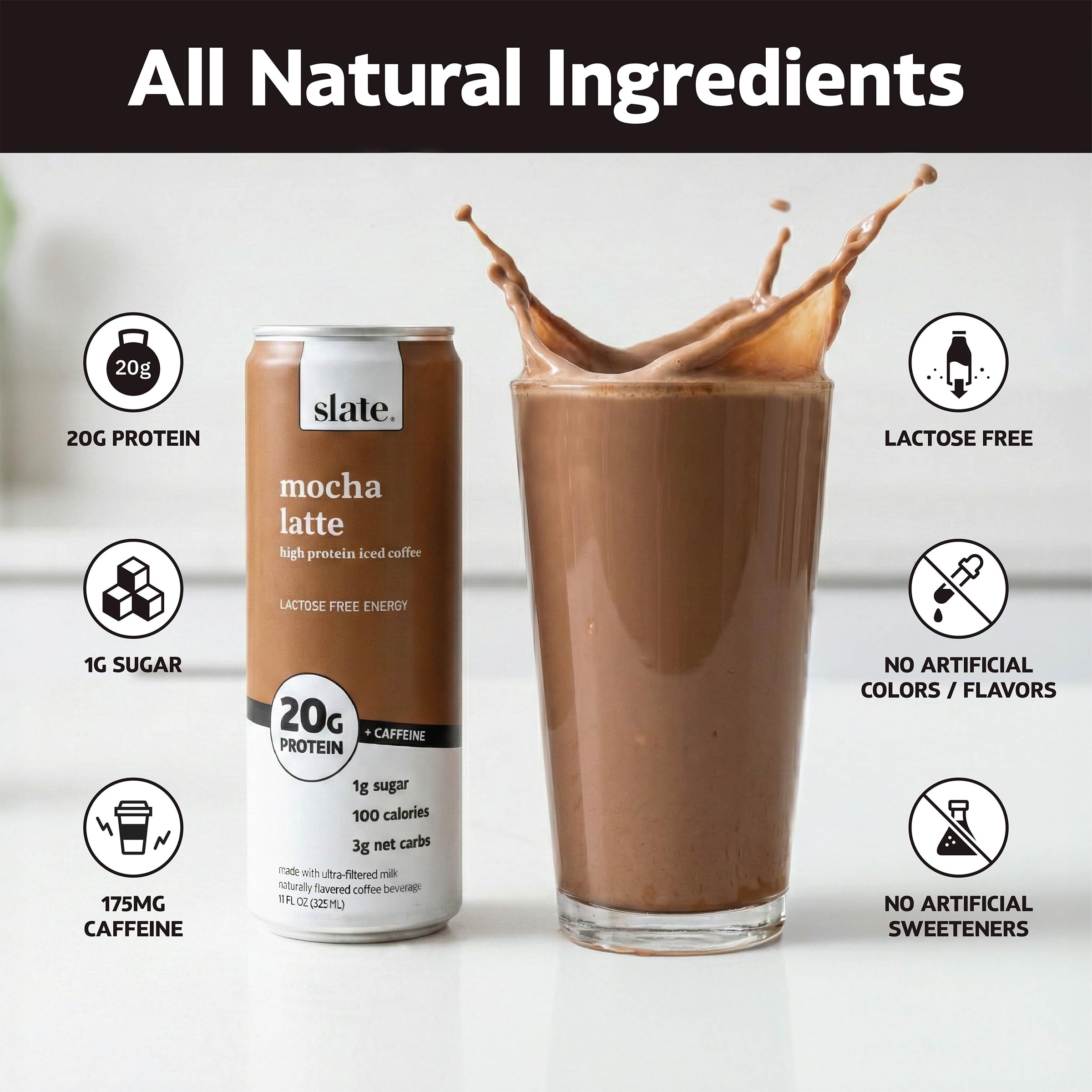 Slate Milk Mocha Latte ingredients, lactose-free formula for dairy-free energy.
