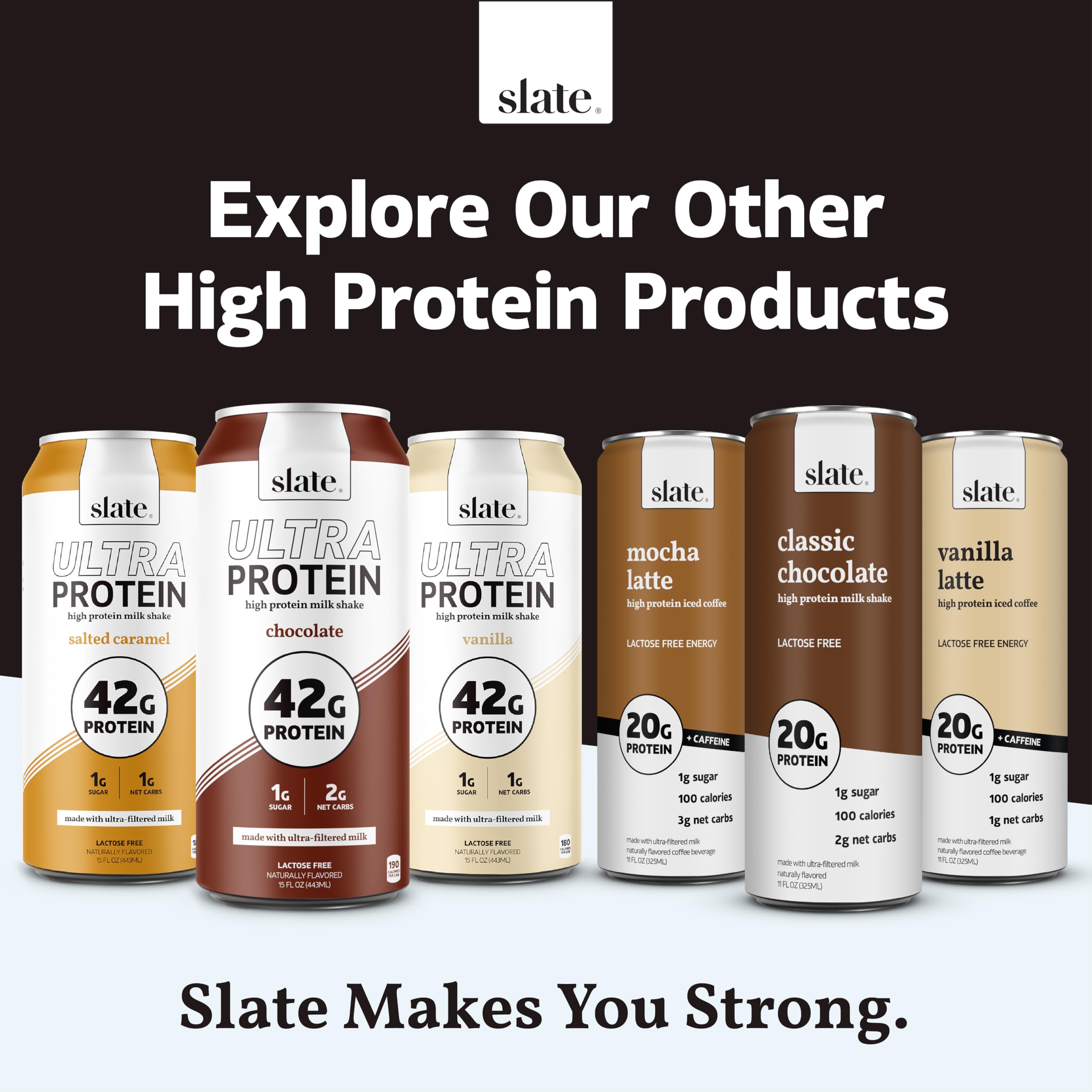Slate Milk nutrition panel emphasizing low carbs and protein per serving