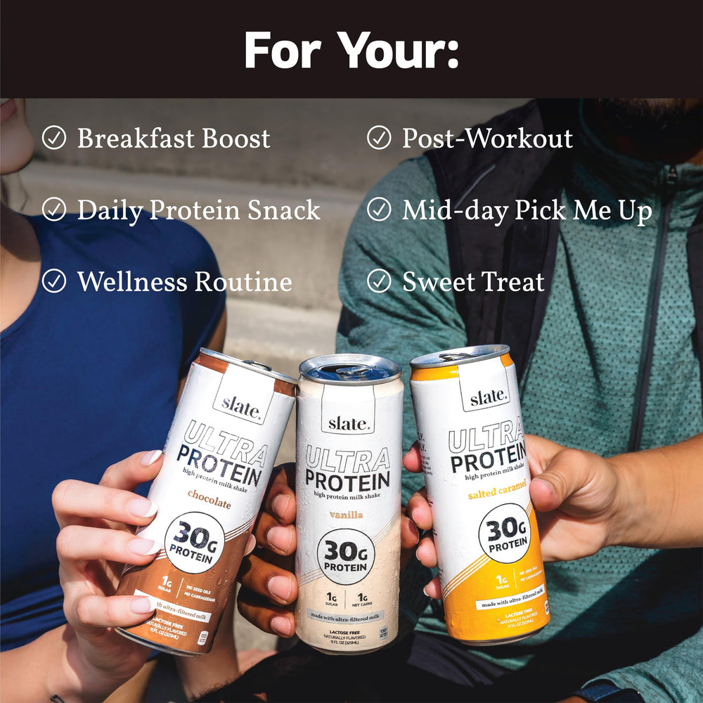 Slate Milk Ultra Protein Shake label ultrafiltered milk for smoother taste.
