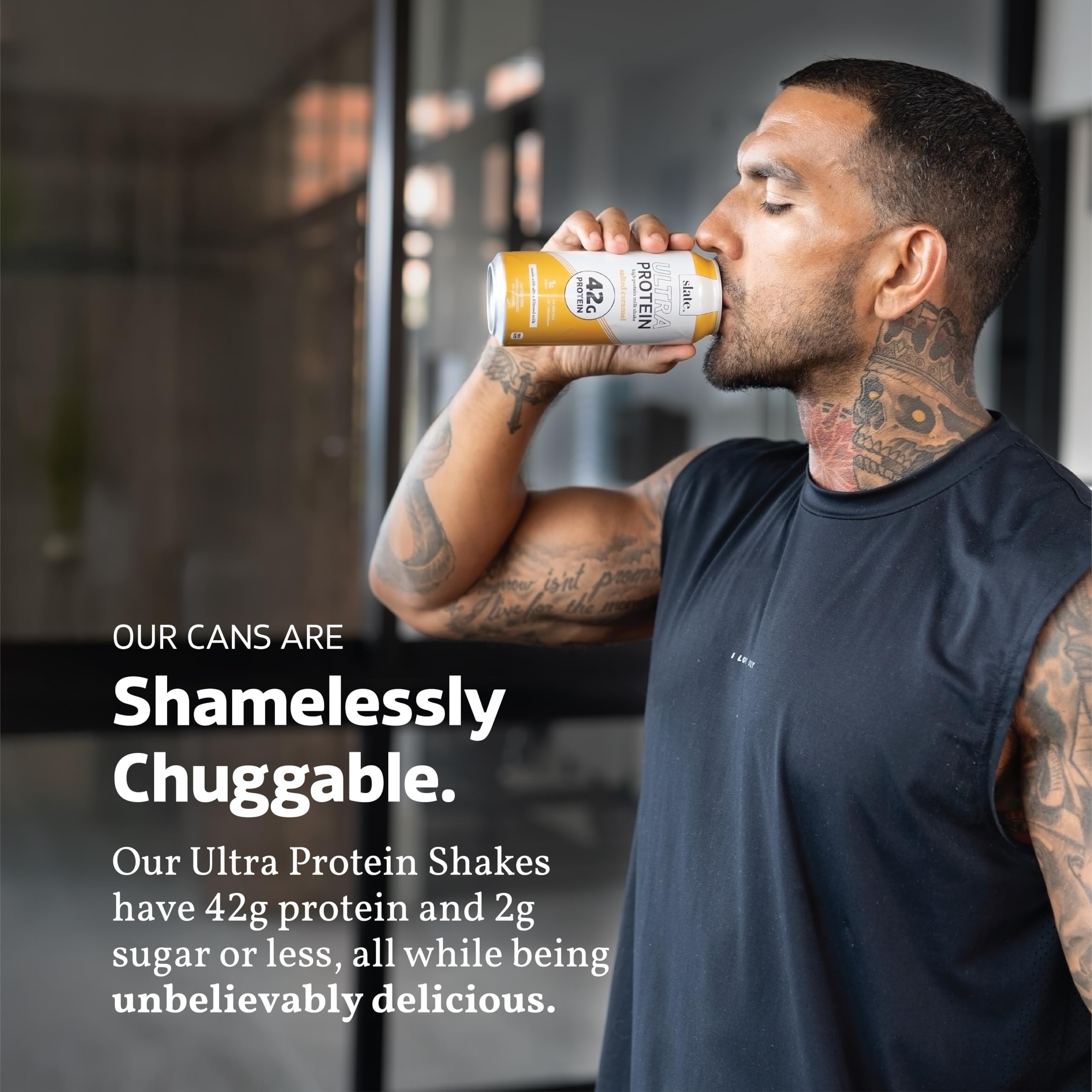 Slate Milk Ultra Protein Shake nutrition facts closeup highlights 42g protein per can.