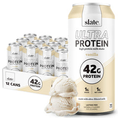 Slate Milk Ultra Protein Shake vanilla bottle shows creamy texture for breakfast boost.