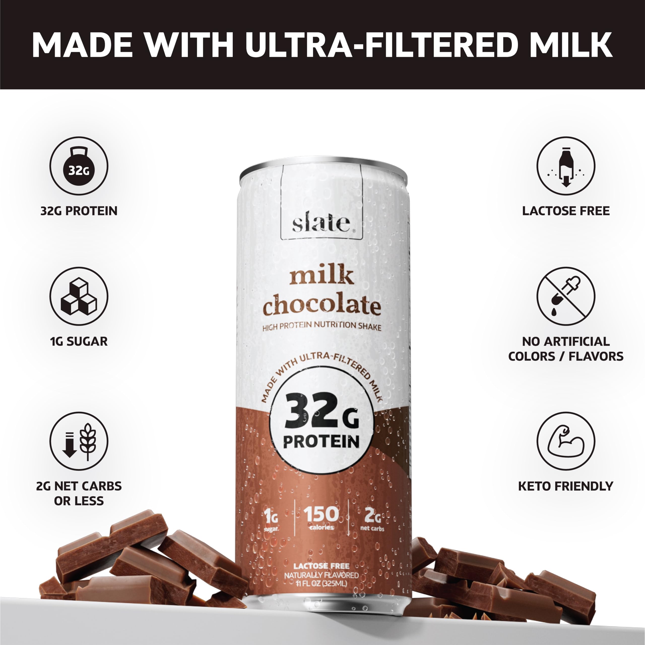 Slate Milk vanilla-cream can offers smooth flavor and 32g protein per serving.