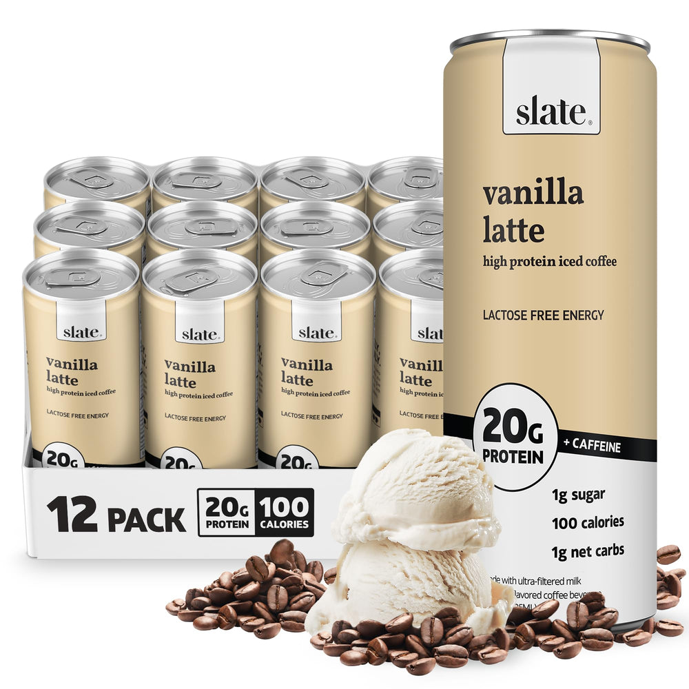Slate Milk Vanilla Latte can with 20g protein and 175mg caffeine