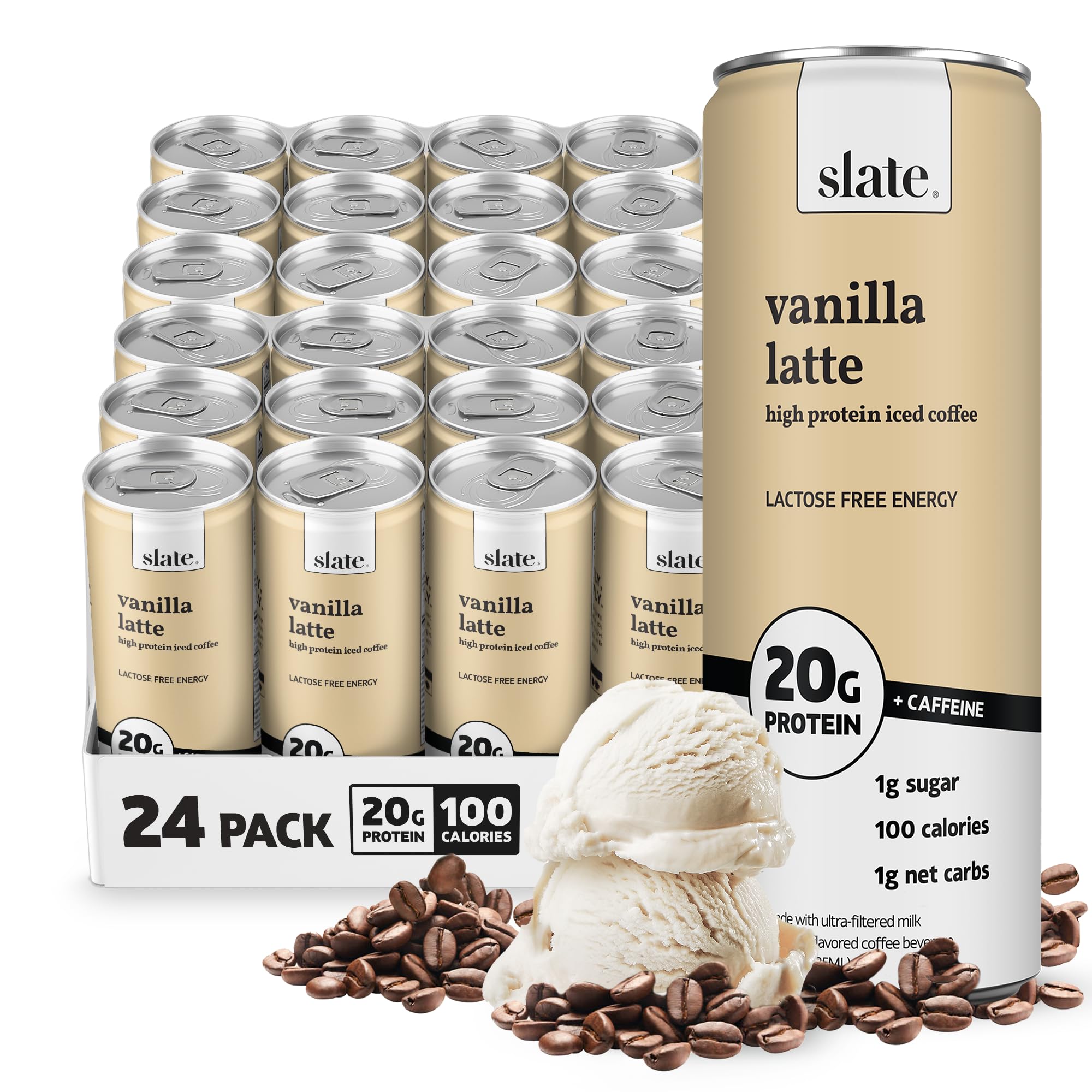 Slate Milk Vanilla Latte can, showcasing ready-to-drink protein coffee on the go