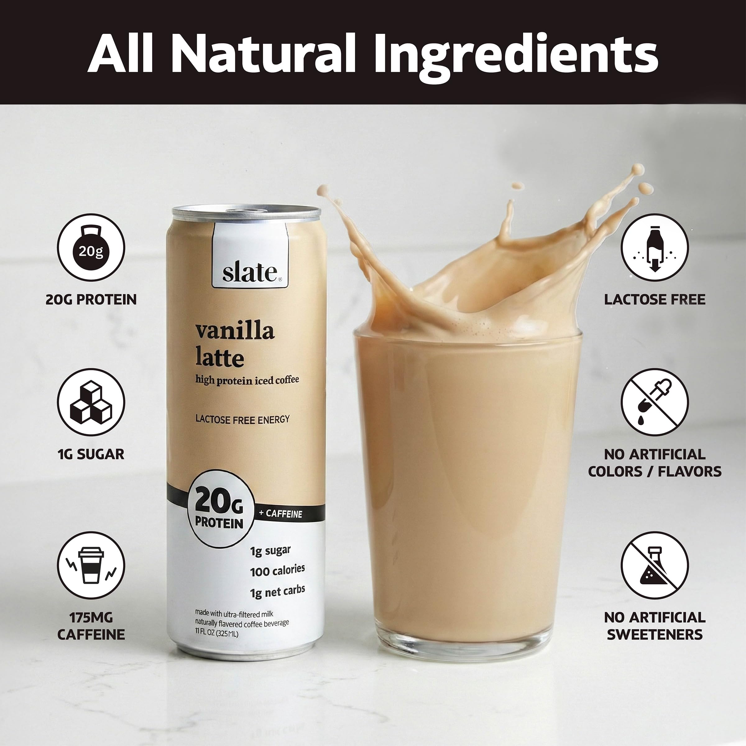Slate Milk Vanilla Latte label closeup highlighting branding and flavor