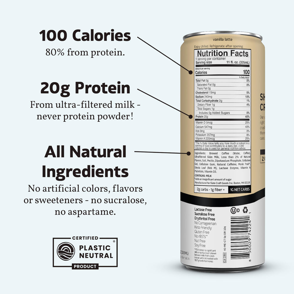 Slate Milk Vanilla Latte label showing nutrition details