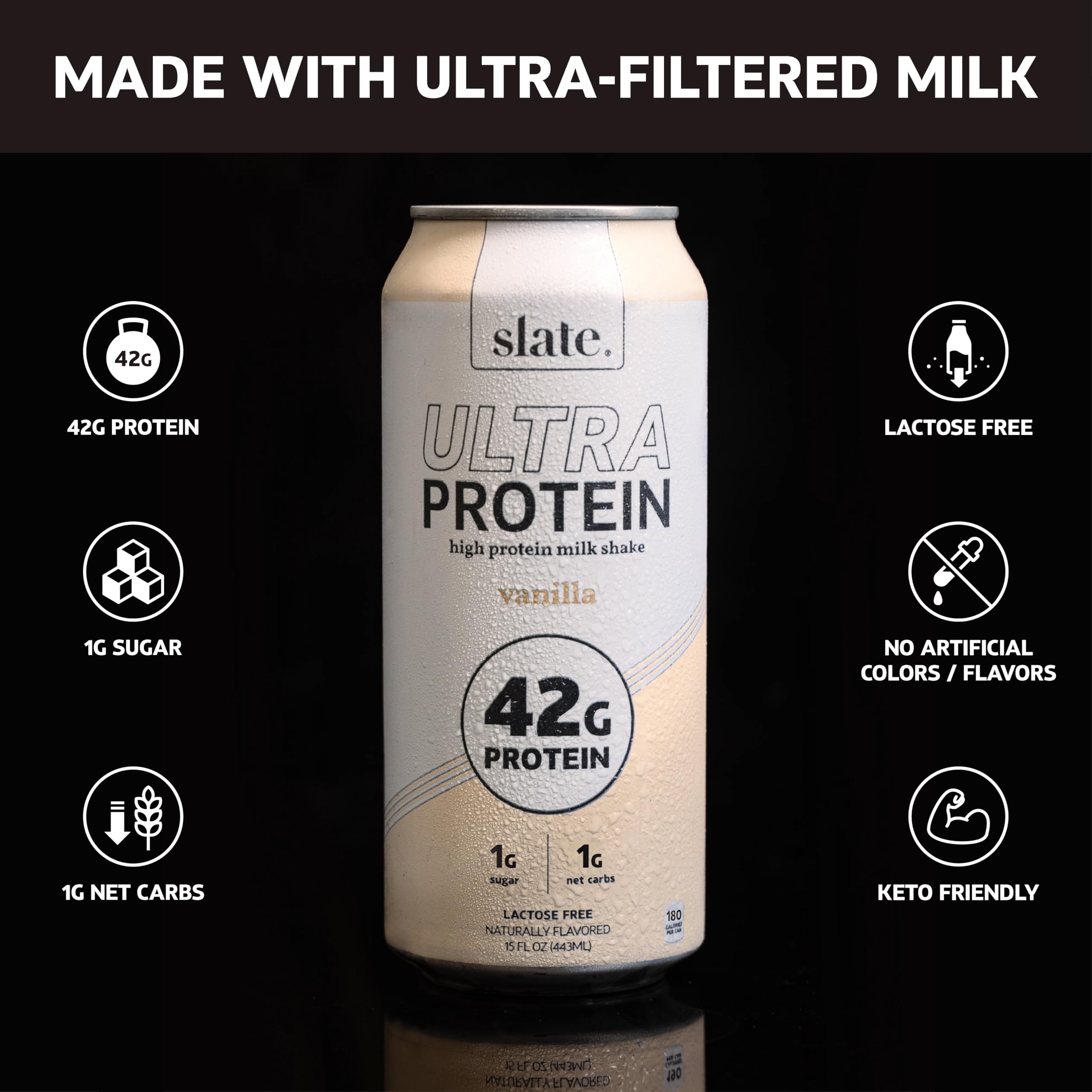 Slate Milk vanilla shake pour in glass highlights smooth lactose-free nutrition.