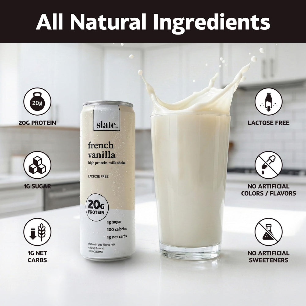Slate Milk Vanilla shake served in glass, creamy flavor with 1g sugar