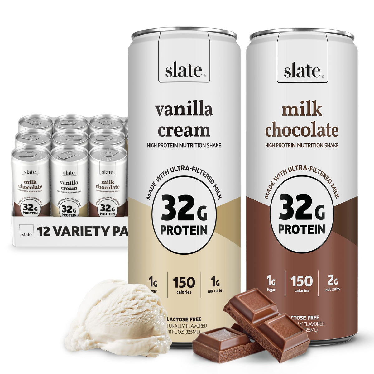 Slate Milk variety-pack can showcasing protein-rich nutrition for fueling workouts and busy days.