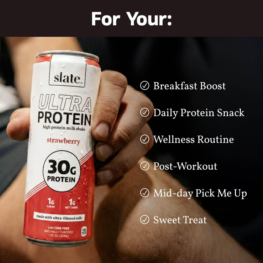 Slate Ultra Protein Shake neapolitan pack display, three flavors at a glance