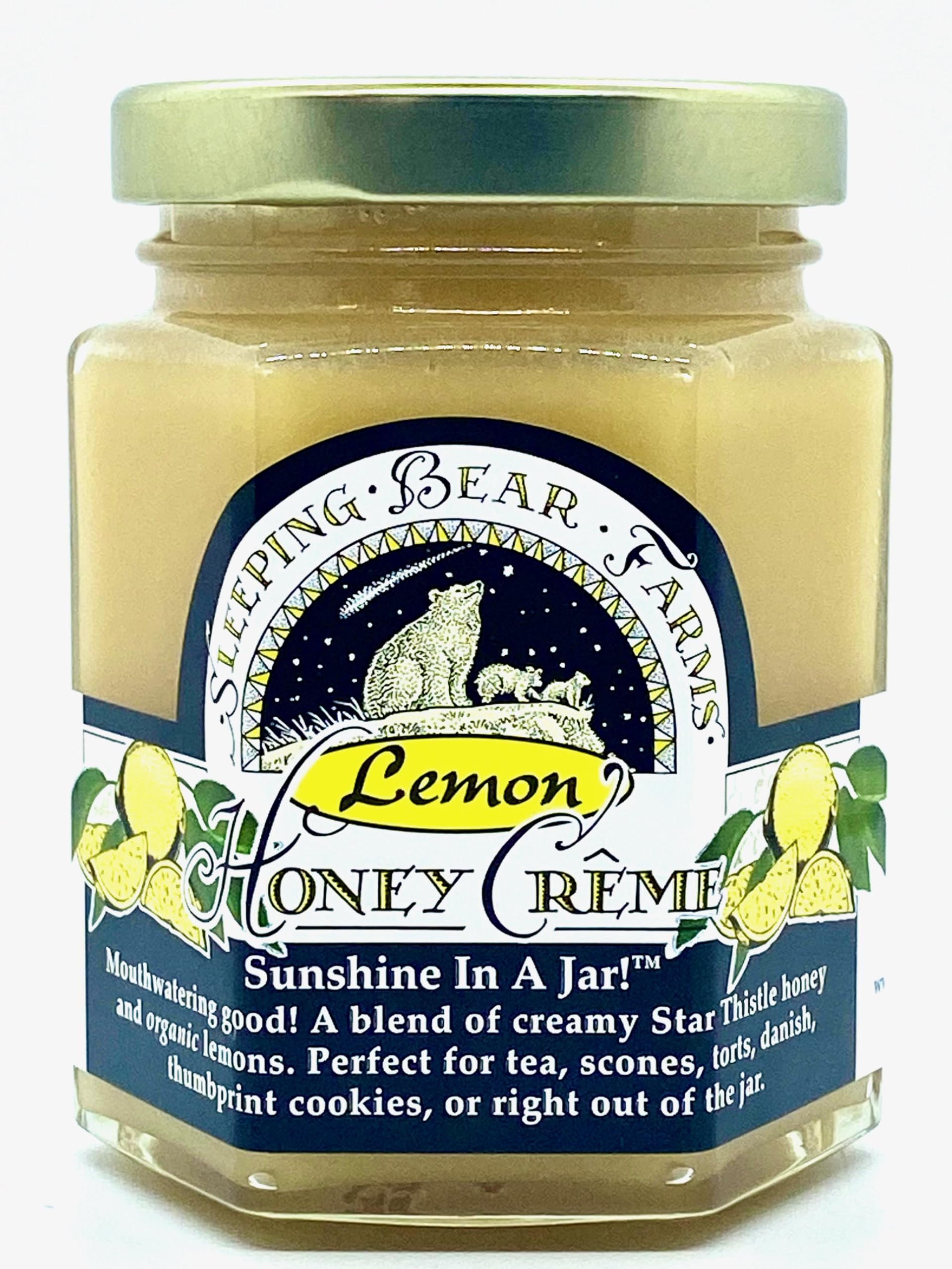 Sleeping Bear Farms Lemon Crème Honey jar close-up showing creamy texture and golden color.