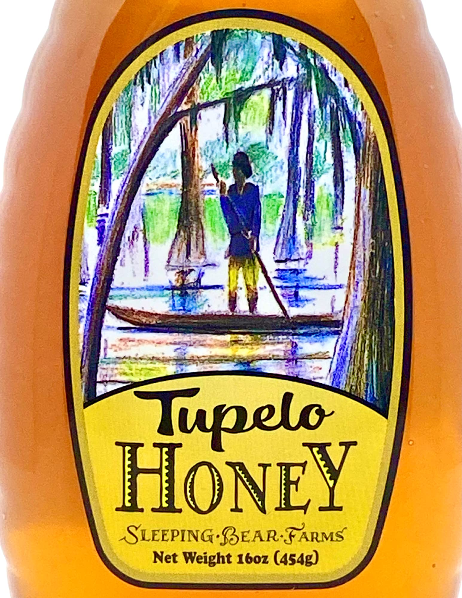 Sleeping Bear Farms Tupelo Honey jar closeup reveals pale, buttery color