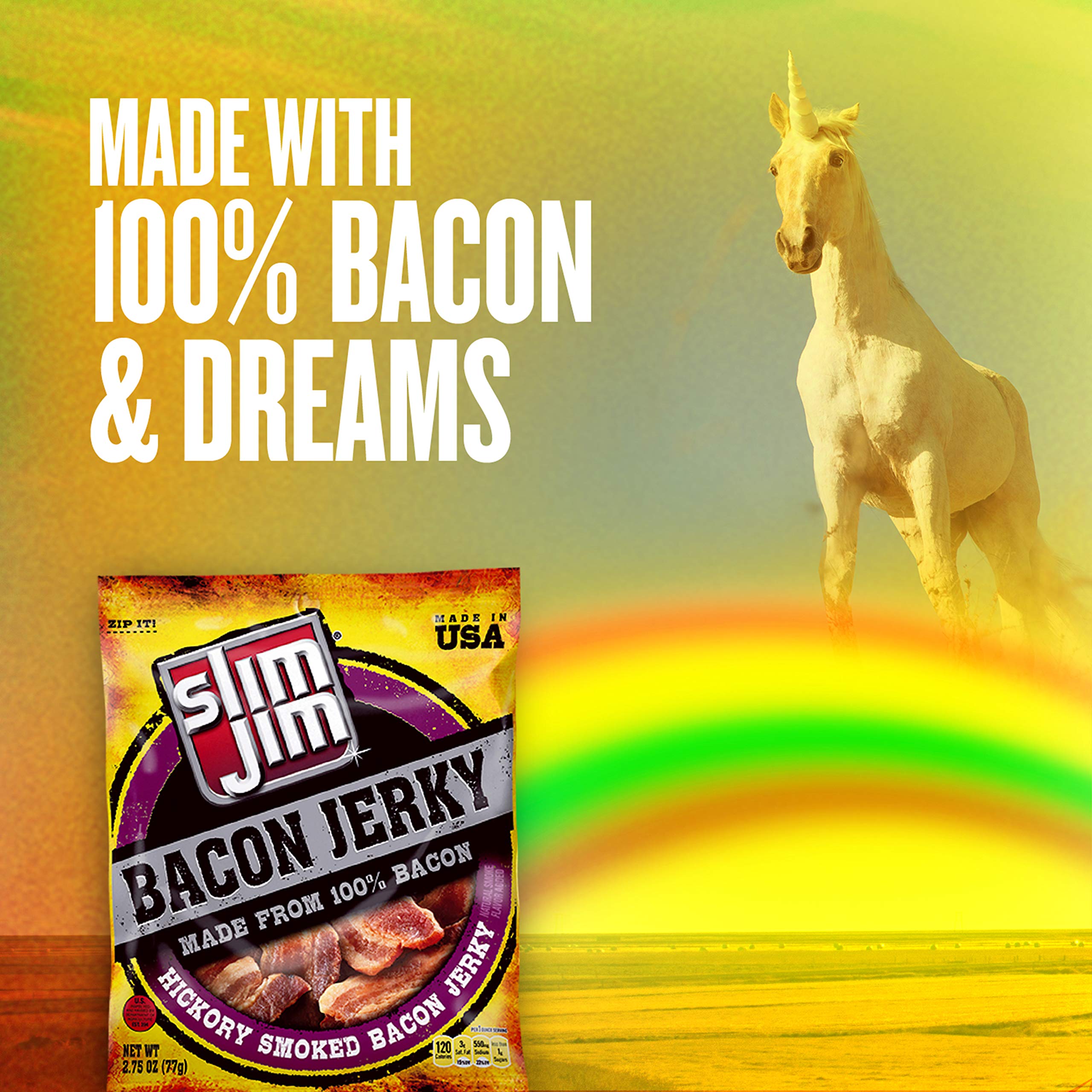Slim Jim Bacon Jerky Hickory smoked slices ready for a protein-rich snack