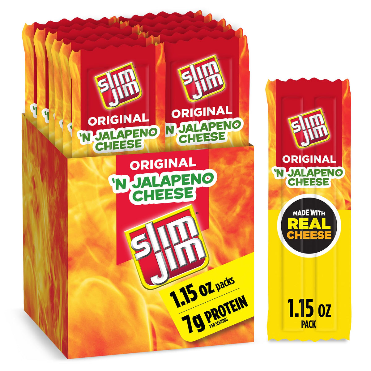 Slim Jim Beef N Jalapeno Cheese Original box shows a 14-pack for on-the-go snacking.