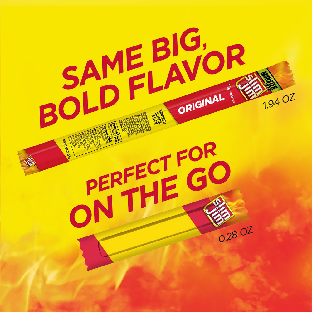 Slim Jim beef-pork-chicken blend showing a savory, beefy bite.