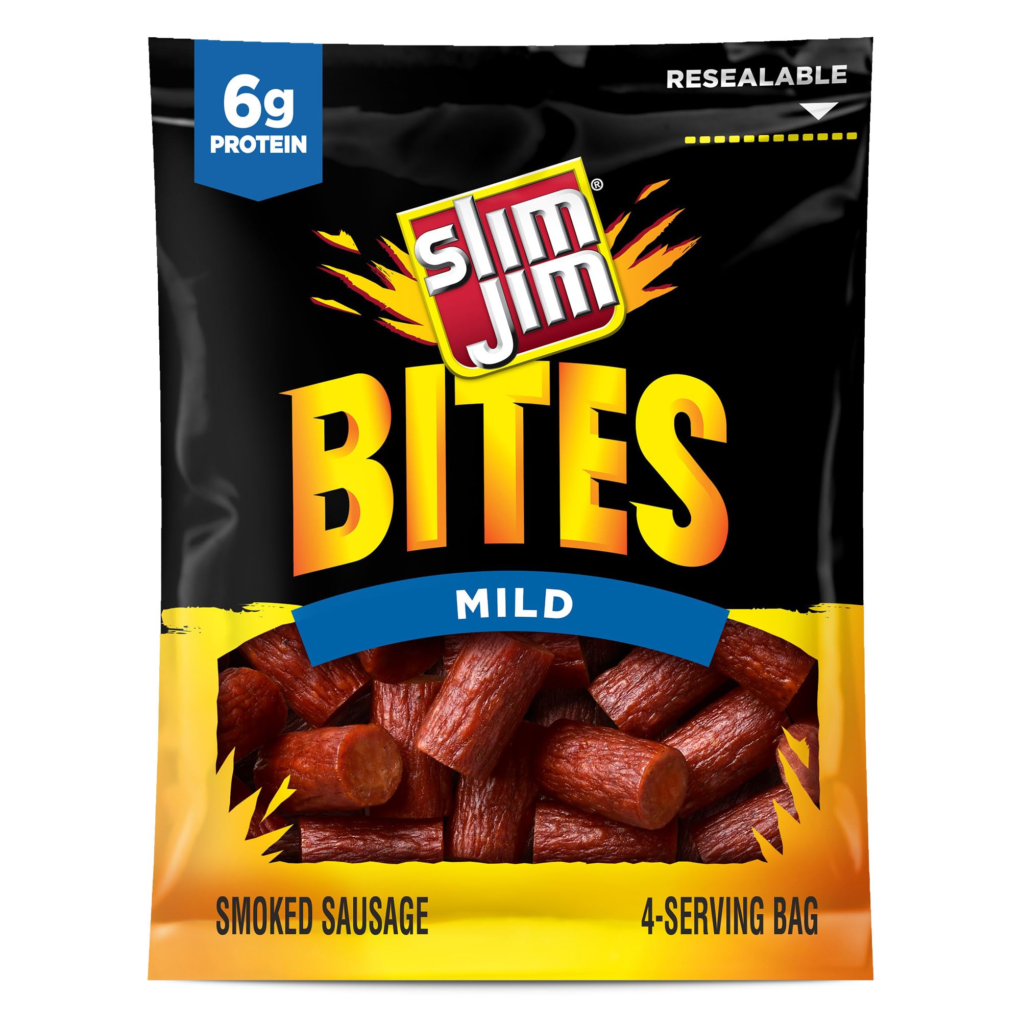 Slim Jim Bites mild smoked sausages in a 3.75 oz bag for quick protein