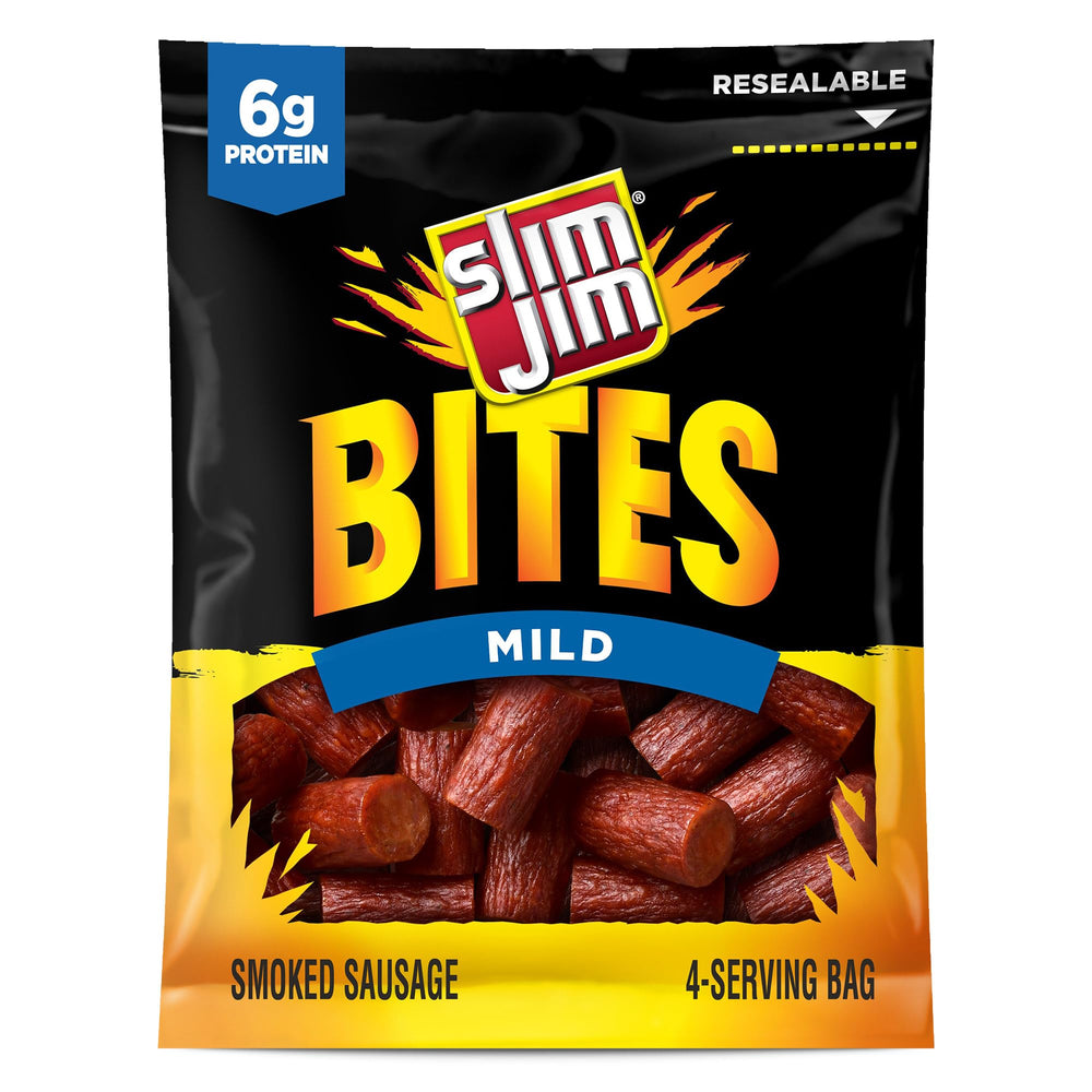 Slim Jim Bites mild smoked sausages in a 3.75 oz bag for quick protein