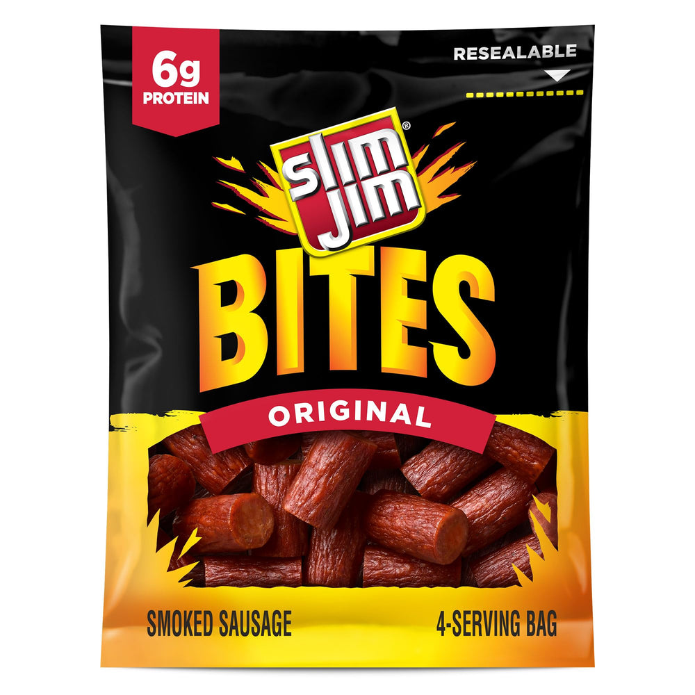 Slim Jim Bites original smoked sausage snacks in a bag for bold flavor on the go.