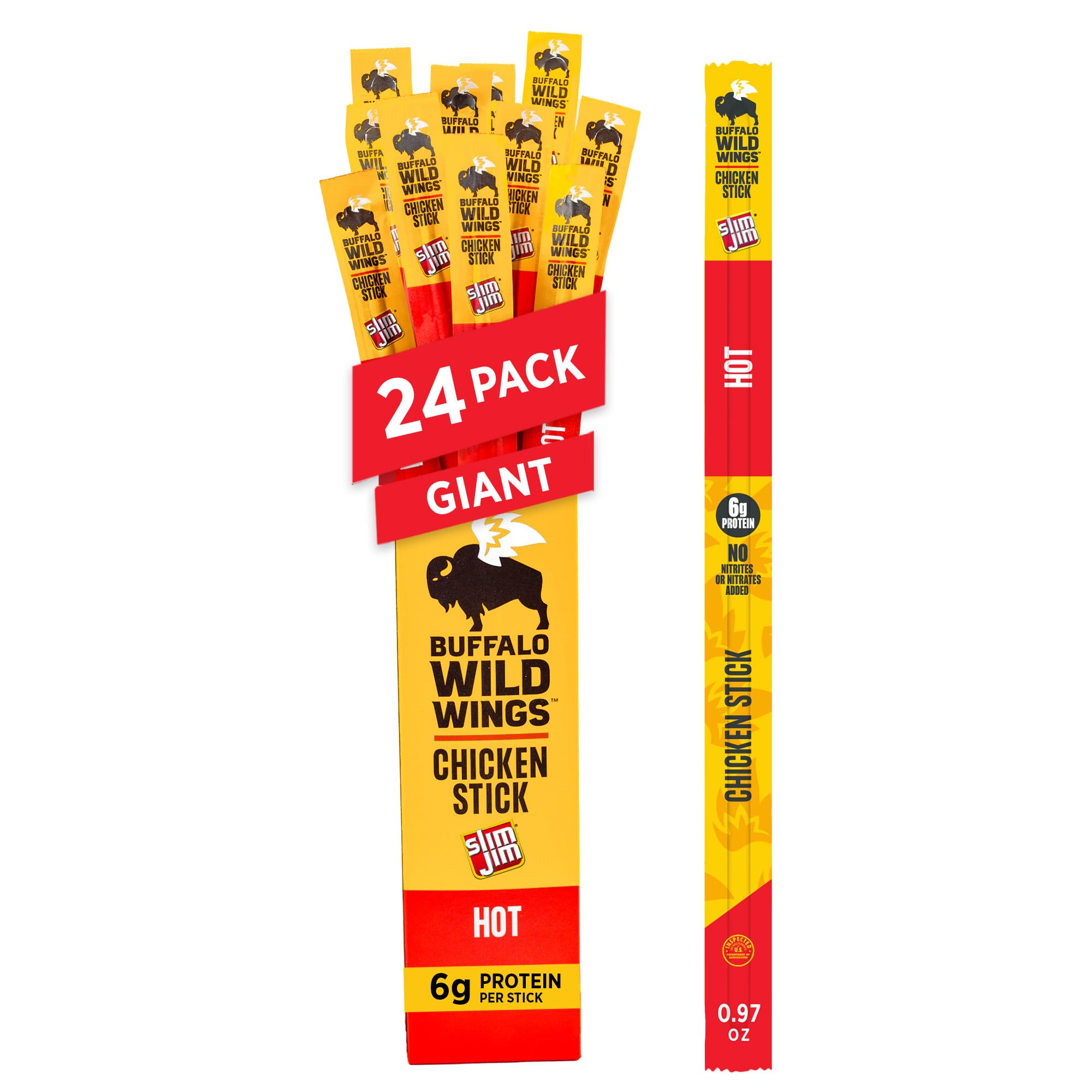 Slim Jim Buffalo Wild Wings Hot packaging with 24 sticks on display