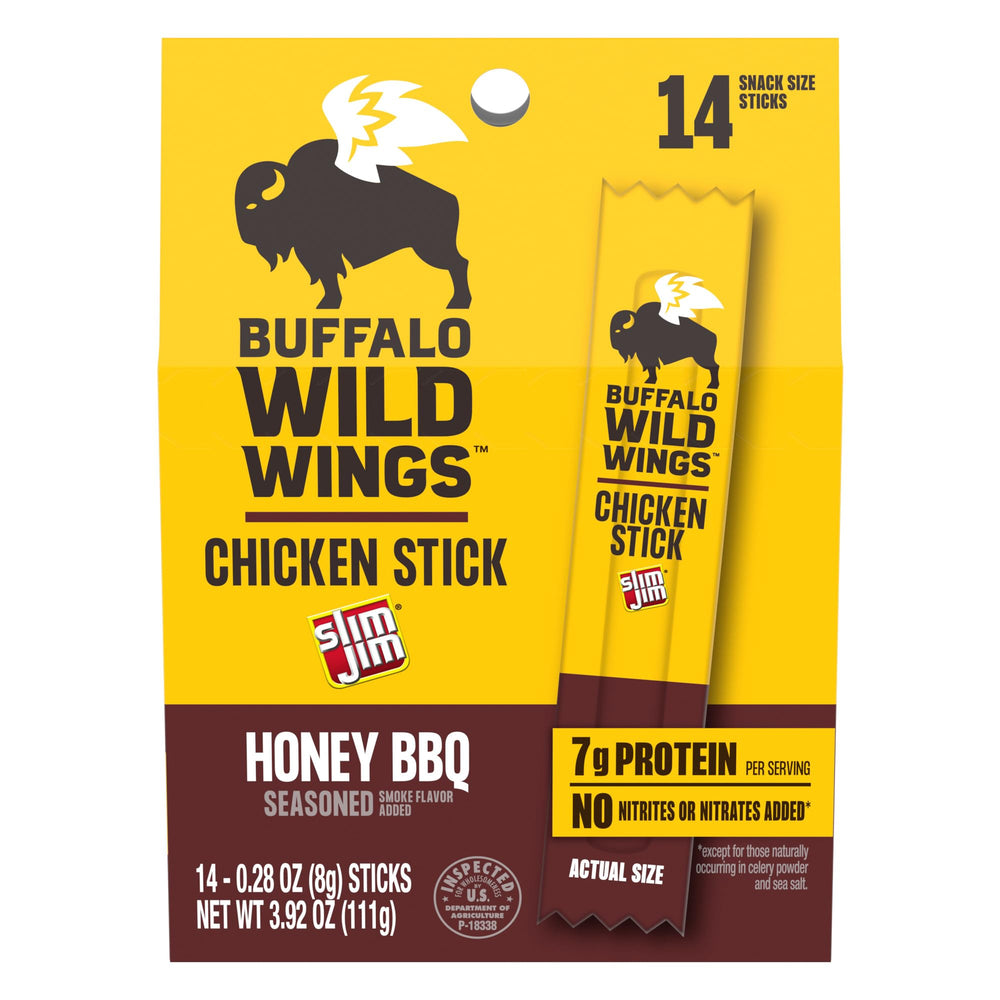 Slim Jim Buffalo Wild Wings Honey BBQ packaging highlights bold flavor for on-the-go snacking.