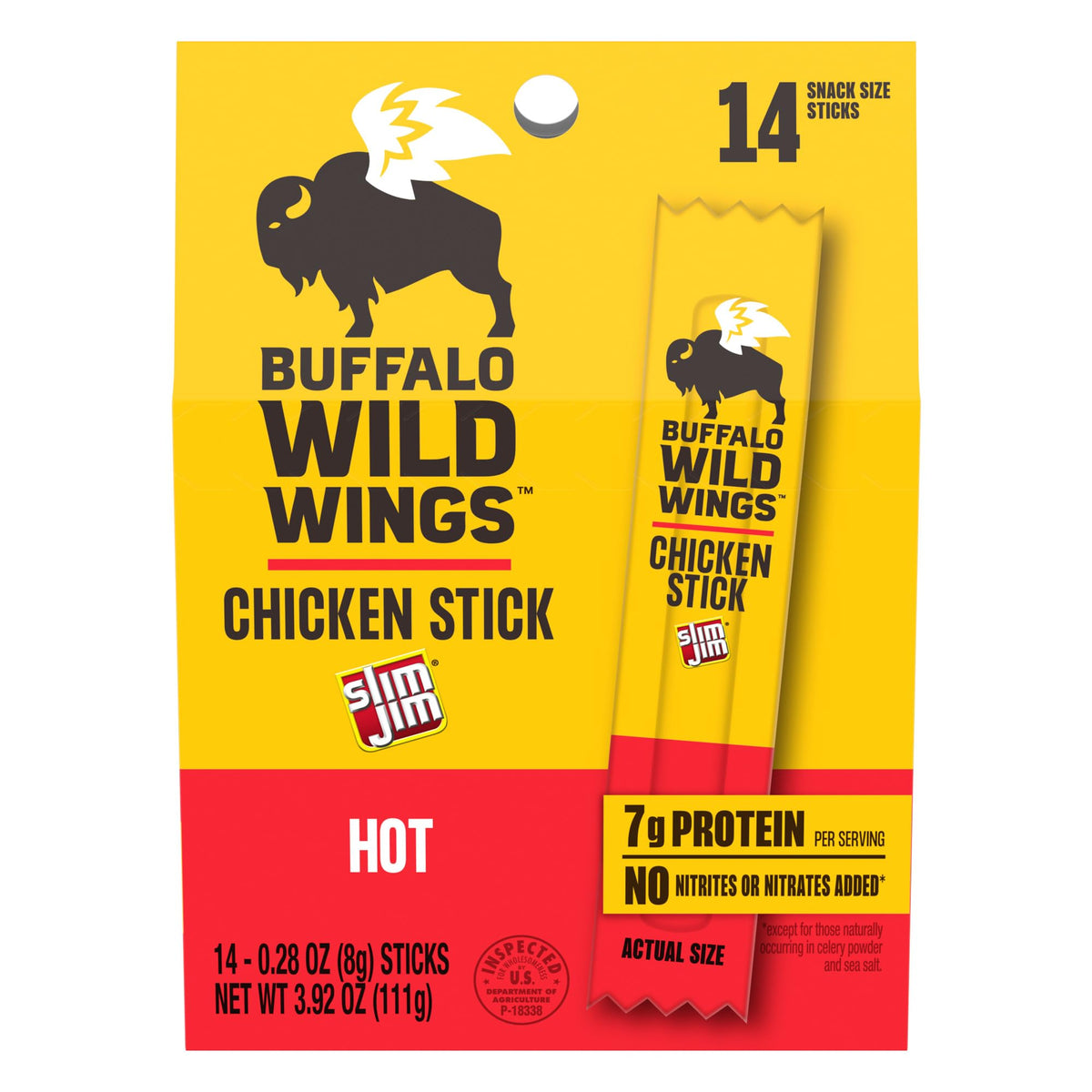 Slim Jim Buffalo Wild Wings Hot pack front for on-the-go snacking and bold flavor.