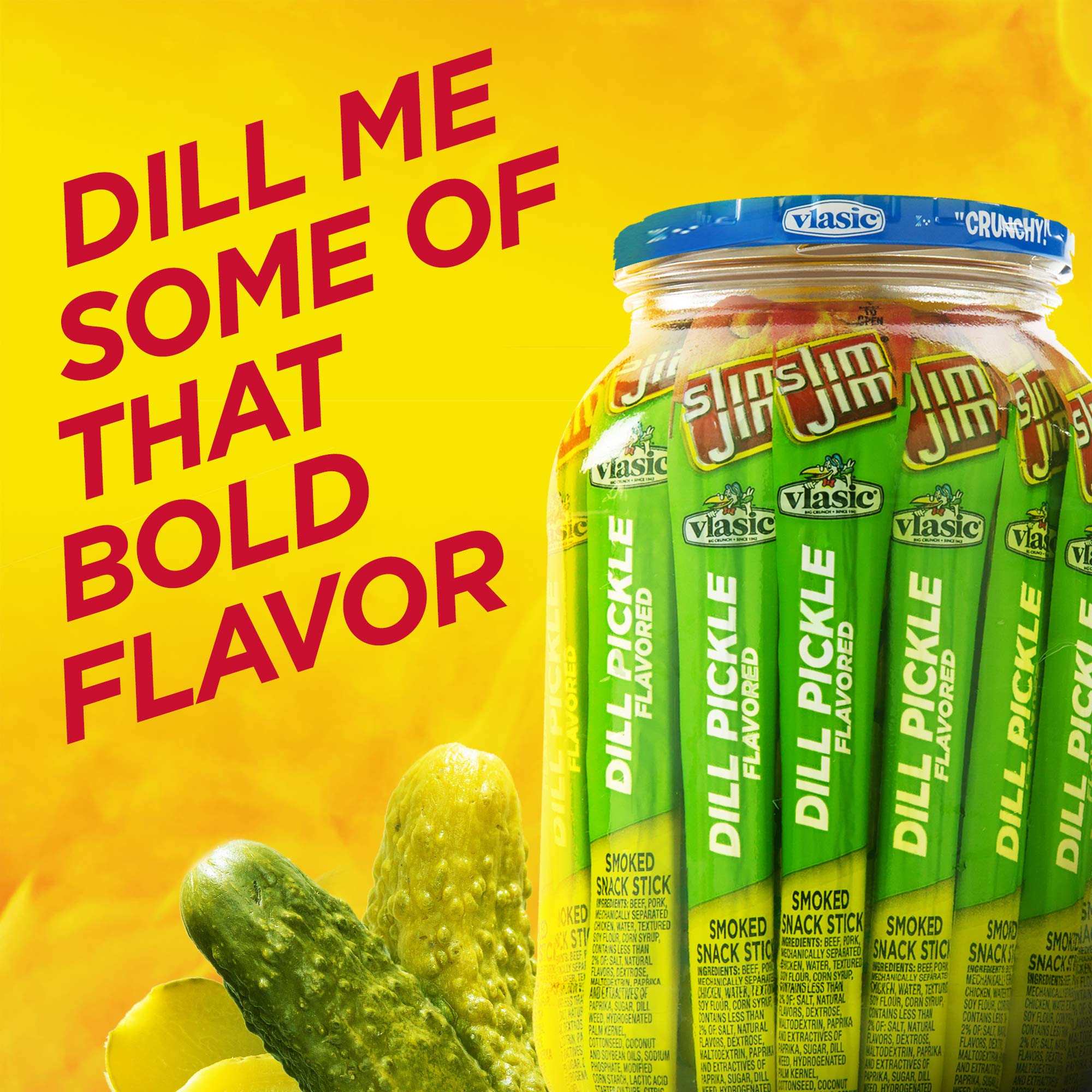 Slim Jim Giant dill pickle seasoning enhances savory chew with real flavor.