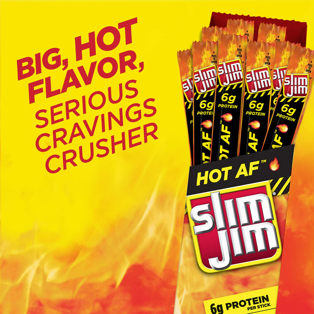 Slim Jim Giant Hot AF sticks in hand for portability.