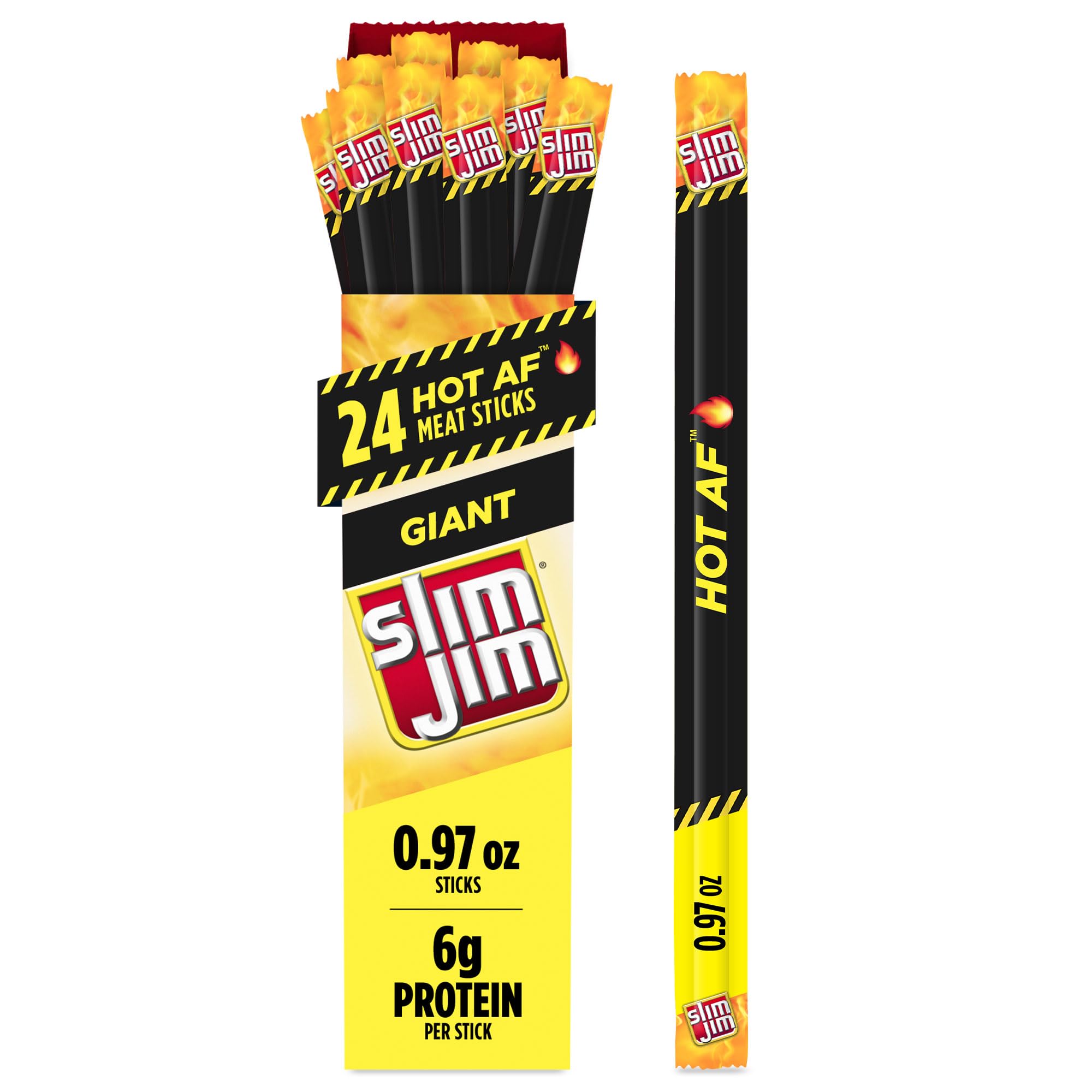 Slim Jim Giant Hot AF packaging, ideal for on-the-go protein snacking.