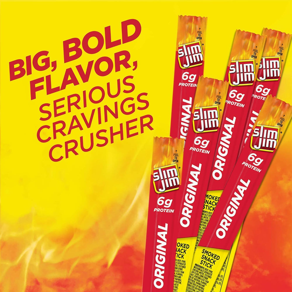 Label emphasizes 6g protein per stick in Slim Jim Giant Original.