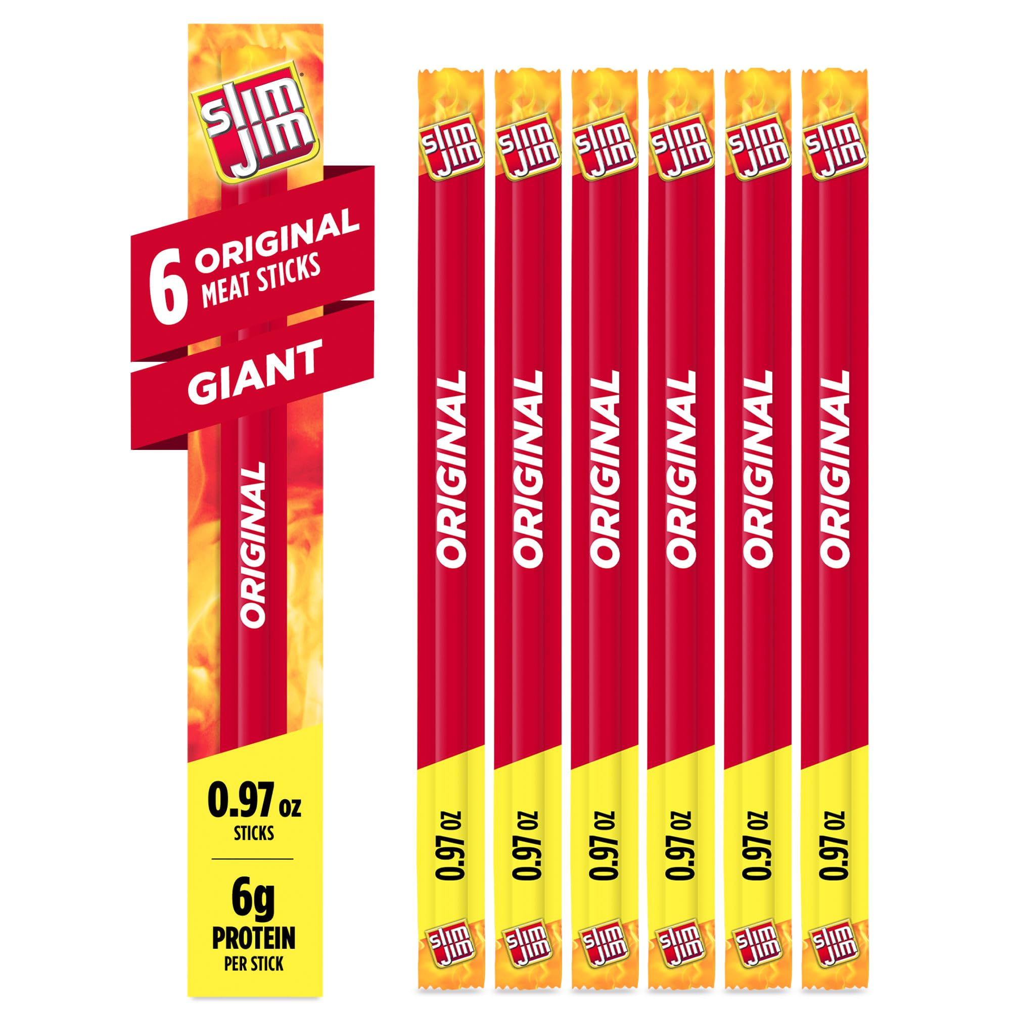 Slim Jim Giant Original snack packaging showing six sticks for on-the-go snacking.