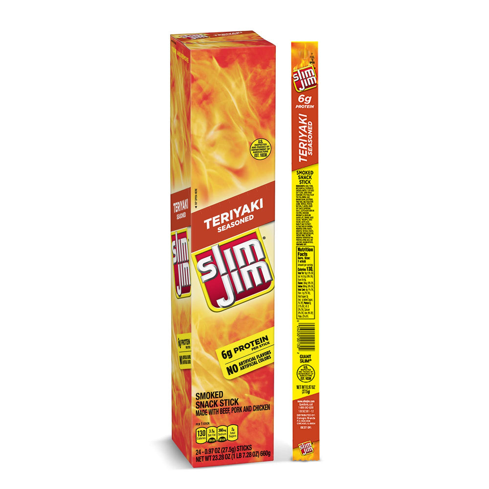 Slim Jim Giant Teriyaki box with 24 sticks for pantry storage