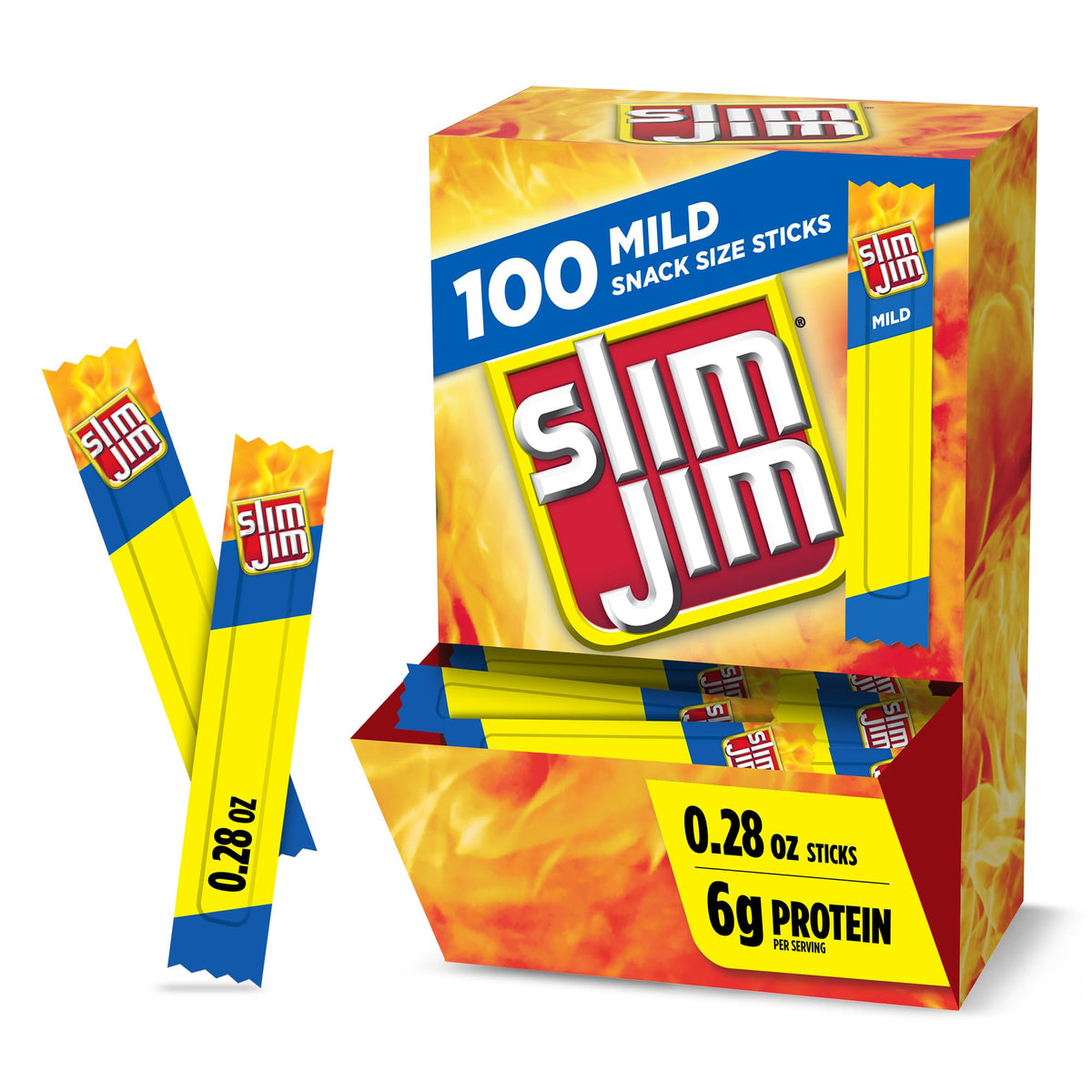 Slim Jim Mild Snack Size Stick unwrapped, highlighting bold savory taste