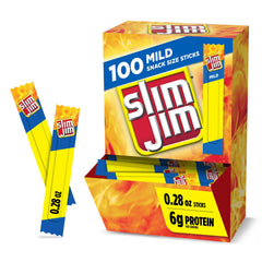 Slim Jim Mild Snack Size Stick unwrapped, highlighting bold savory taste