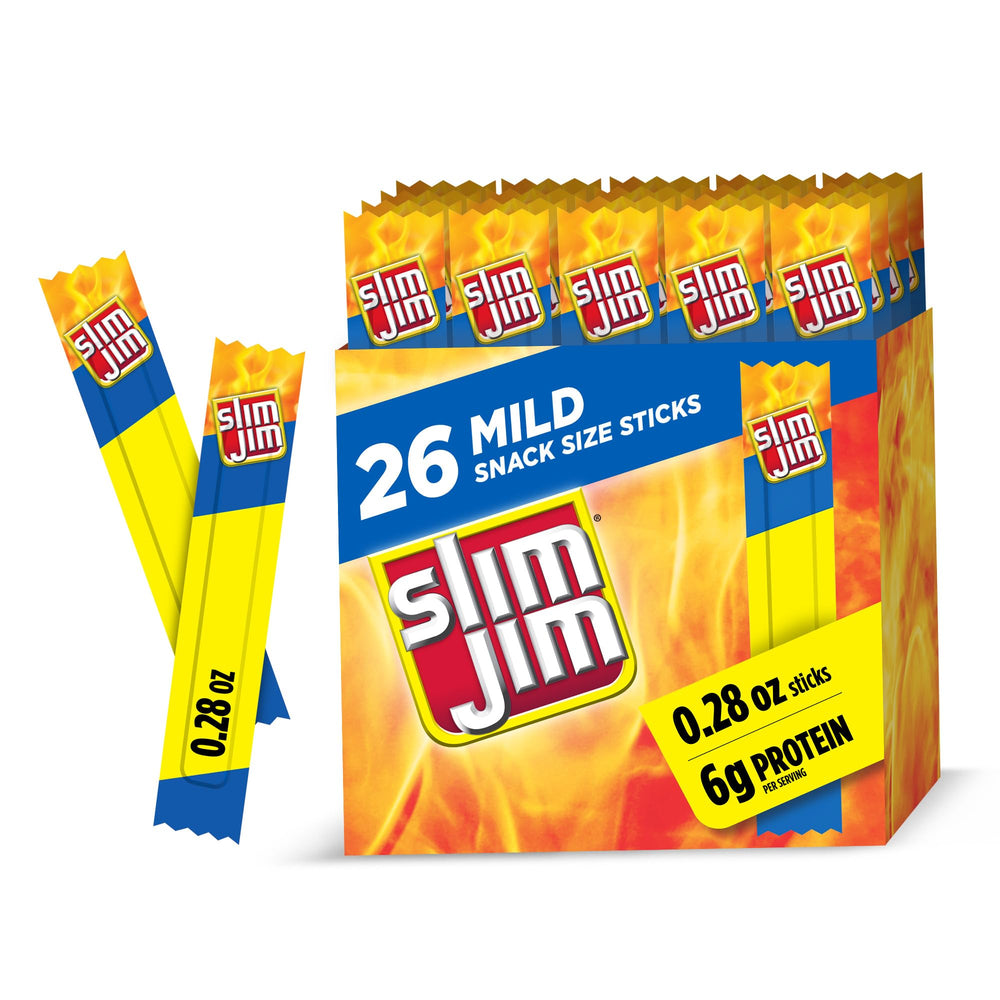 Slim Jim Mild Snack Sticks box front, 26-count package for quick protein.