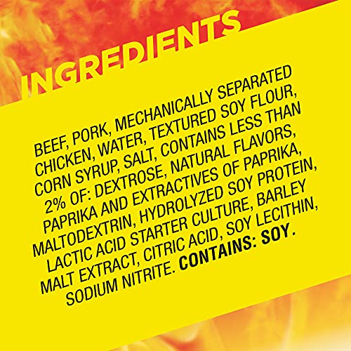 Slim Jim Mild Snack Sticks package side highlights ingredients and protein per serving.